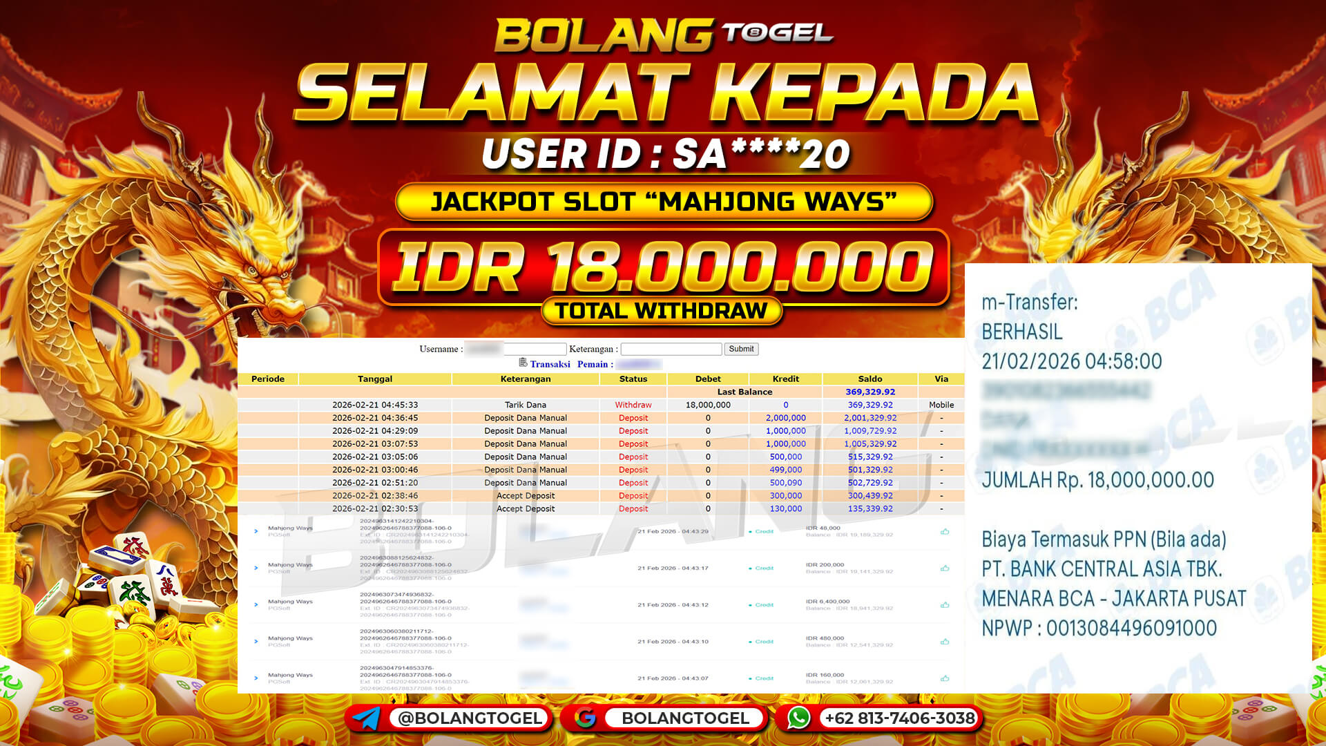 Bukti jackpot SLOT MAHJONG WAYS BOLANGTOGEL - gambar 1